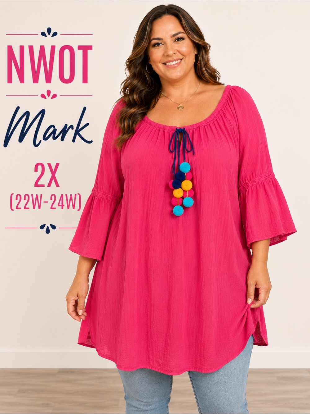 NWOT Mark 2X Pink Boho Rayon Gauze Tunic Peasant Tassel Top